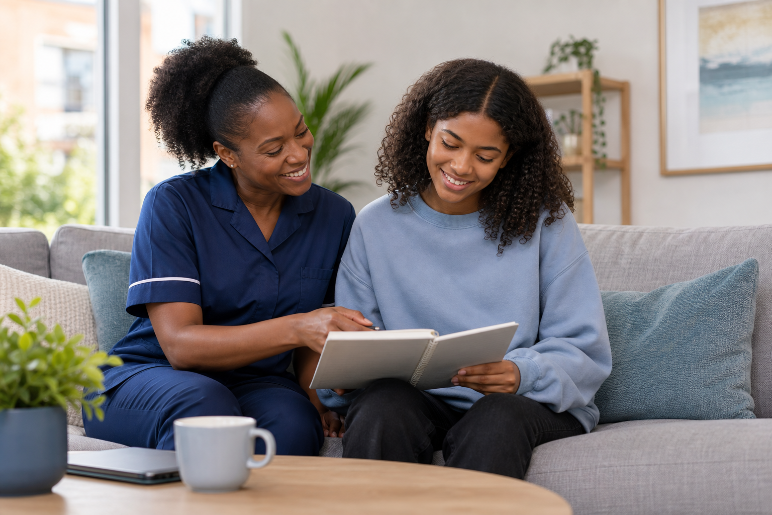 Support worker helping a young client build confidence with everyday routines
