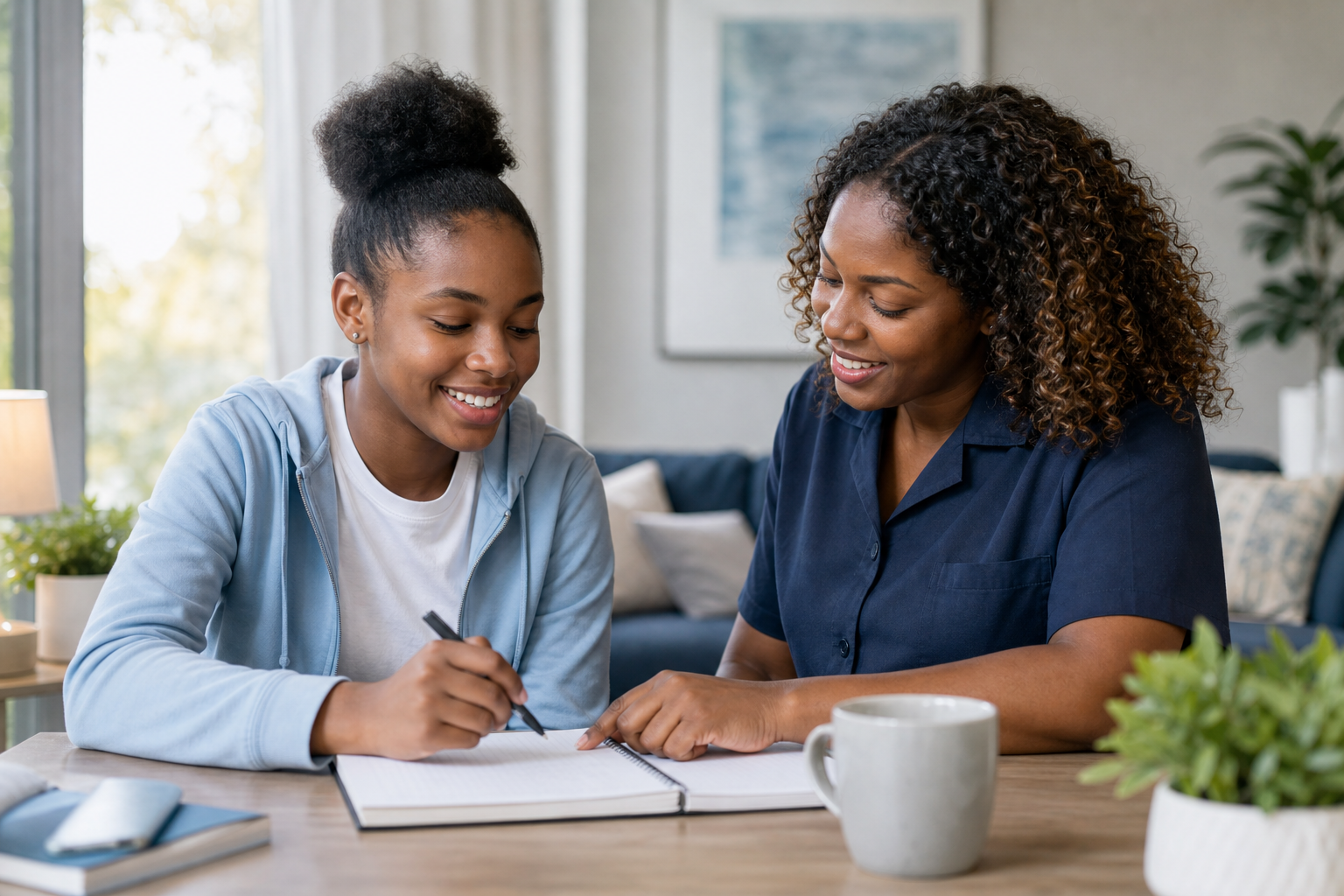 Support worker helping a young client with daily planning